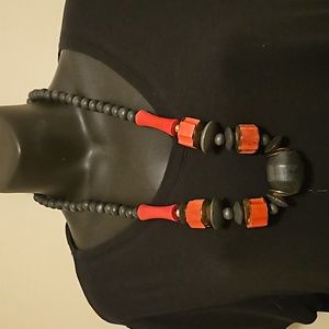 Vintage 30" Black and Red Chunky Wood Necklace.